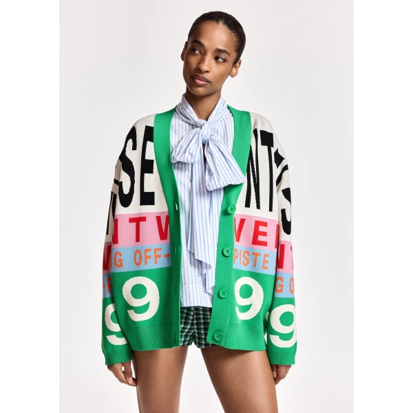 Essentiel Antwerp Green and multicolor graphic-intarsia cardigan, view 3
