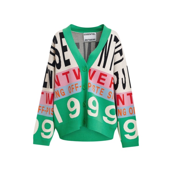 Essentiel Antwerp Green and multicolor graphic-intarsia cardigan