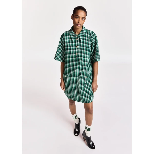 Essentiel Antwerp Green, black and cream checked mini dress with patch pockets, view 2