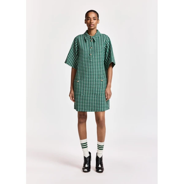 Essentiel Antwerp Green, black and cream checked mini dress with patch pockets, view 3