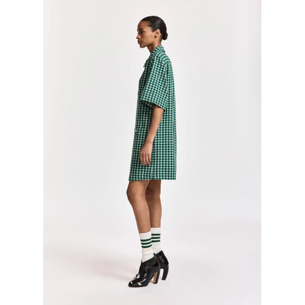 Essentiel Antwerp Green, black and cream checked mini dress with patch pockets, view 4