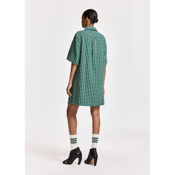 Essentiel Antwerp Green, black and cream checked mini dress with patch pockets, view 5