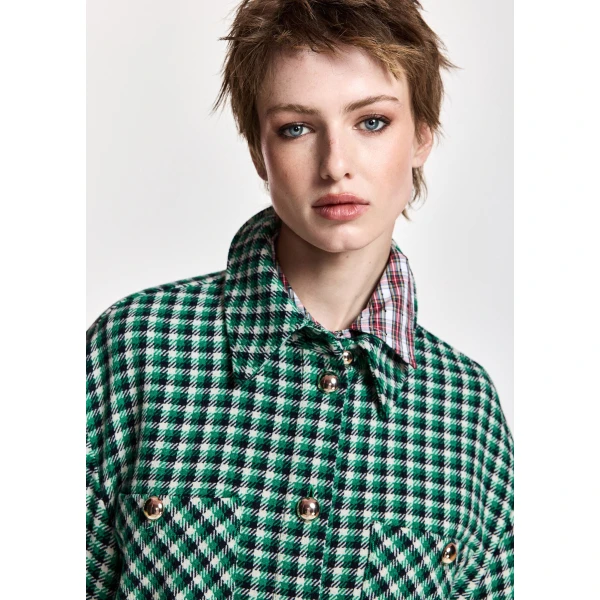 Essentiel Antwerp Green, black and cream checked wool-blend jacket with patch pockets, view 3
