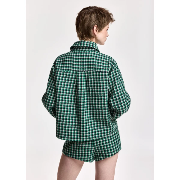 Essentiel Antwerp Green, black and cream checked wool-blend jacket with patch pockets, view 5