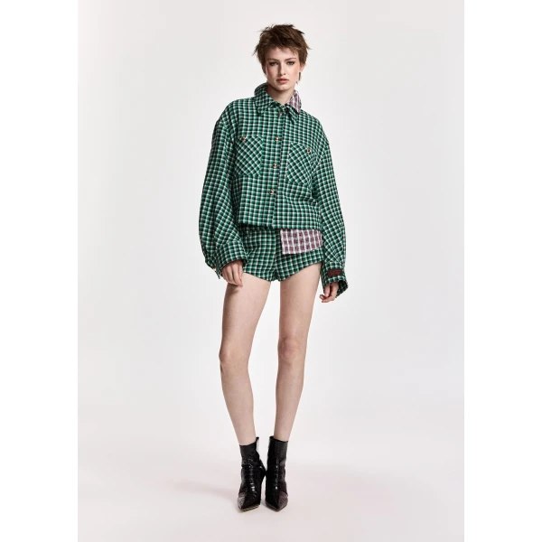 Essentiel Antwerp Green, black and cream checked wool-blend jacket with patch pockets, view 6