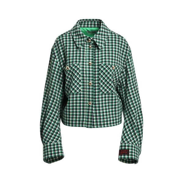 Essentiel Antwerp Green, black and cream checked wool-blend jacket with patch pockets