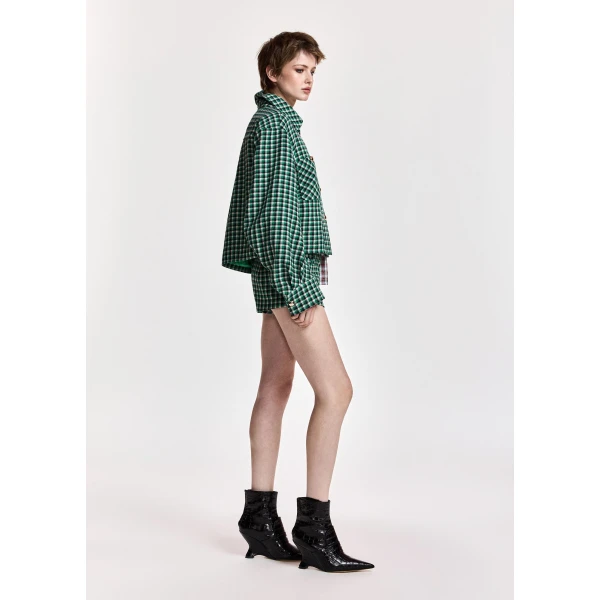 Essentiel Antwerp Green, black and off-white checked wool-blend shorts, view 4