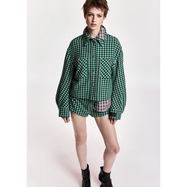 Essentiel Antwerp Green, black and off-white checked wool-blend shorts, view 6
