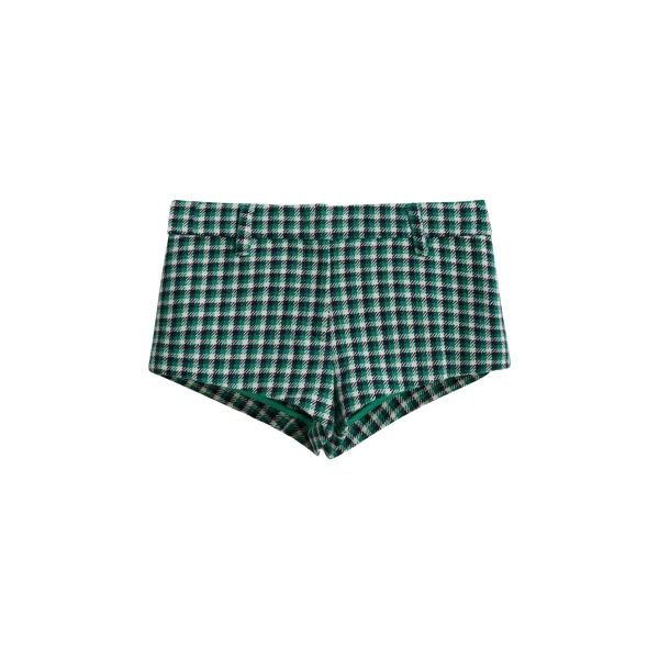 Green, black and off-white checked wool-blend shorts