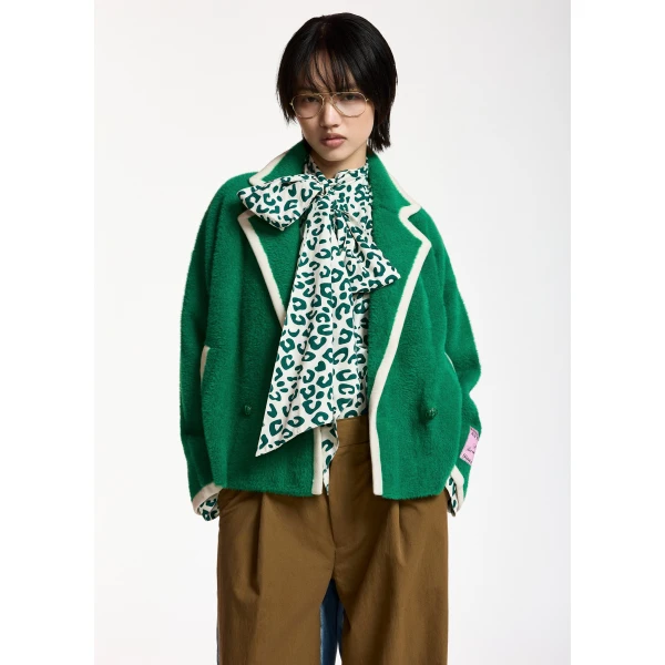 Essentiel Antwerp Green cardigan with white contrast trims, view 2
