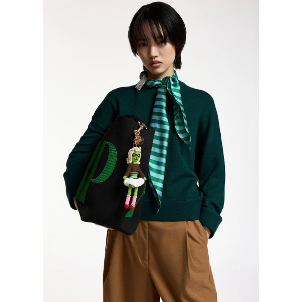 Essentiel Antwerp Green wool-blend sweater with embellished striped scarf detail, view 2