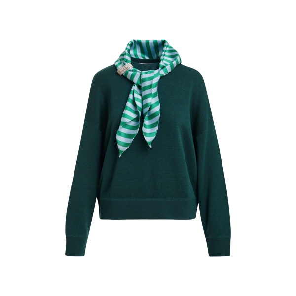 Essentiel Antwerp Green wool-blend sweater with embellished striped scarf detail