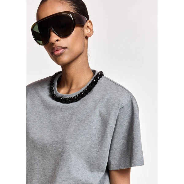 Essentiel Antwerp Grey T-shirt with black embellished collar Top, view 2