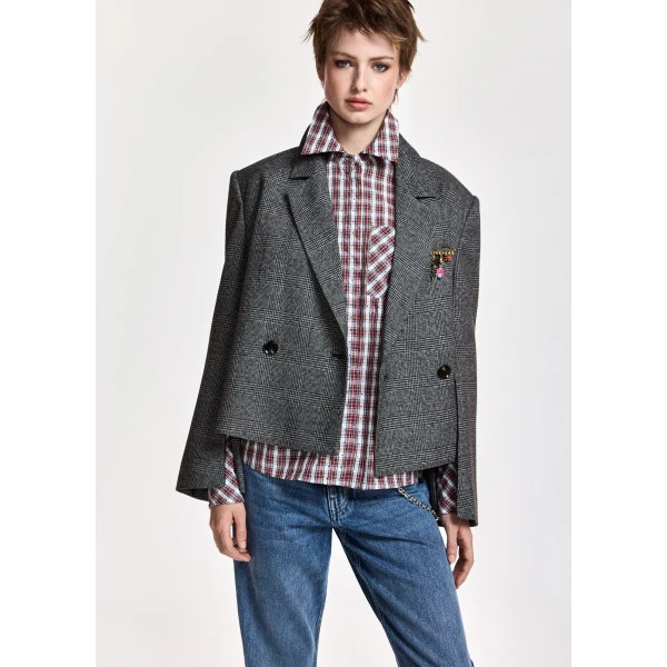 Essentiel Antwerp Grey and black cropped double-breasted checked blazer with underarm zip detail, view 2