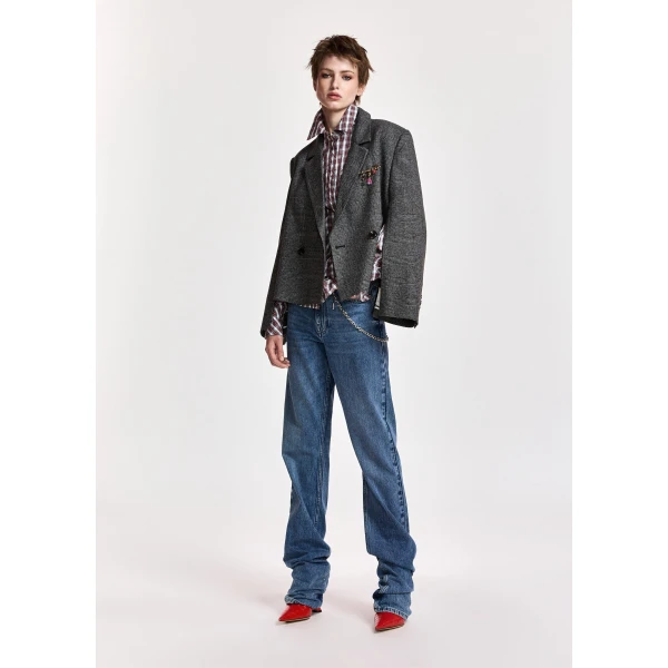 Essentiel Antwerp Grey and black cropped double-breasted checked blazer with underarm zip detail, view 3
