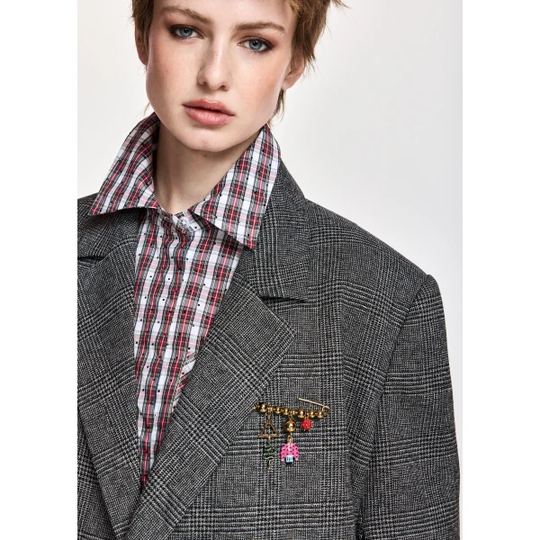 Essentiel Antwerp Grey and black cropped double-breasted checked blazer with underarm zip detail, view 5