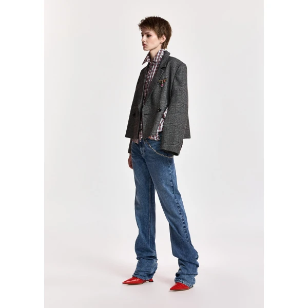 Essentiel Antwerp Grey and black cropped double-breasted checked blazer with underarm zip detail, view 6