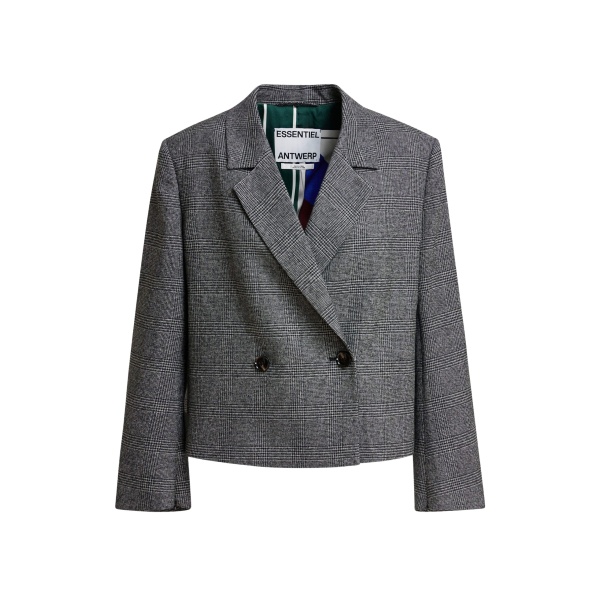 Essentiel Antwerp Grey and black cropped double-breasted checked blazer with underarm zip detail