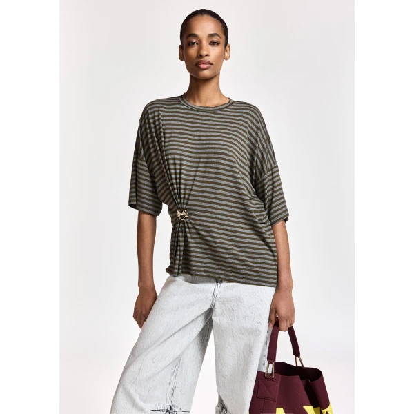 Essentiel Antwerp Grey and khaki striped T-shirt with gold statement brooch detail Top, view 2