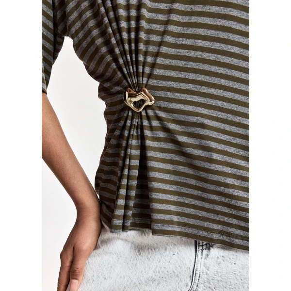 Essentiel Antwerp Grey and khaki striped T-shirt with gold statement brooch detail Top, view 3
