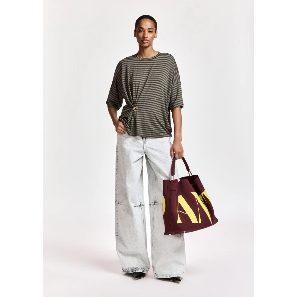 Essentiel Antwerp Grey and khaki striped T-shirt with gold statement brooch detail Top, view 4