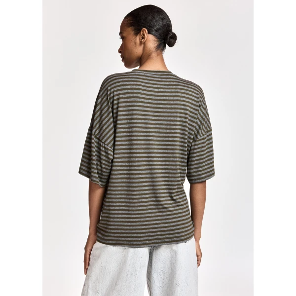 Essentiel Antwerp Grey and khaki striped T-shirt with gold statement brooch detail Top, view 5