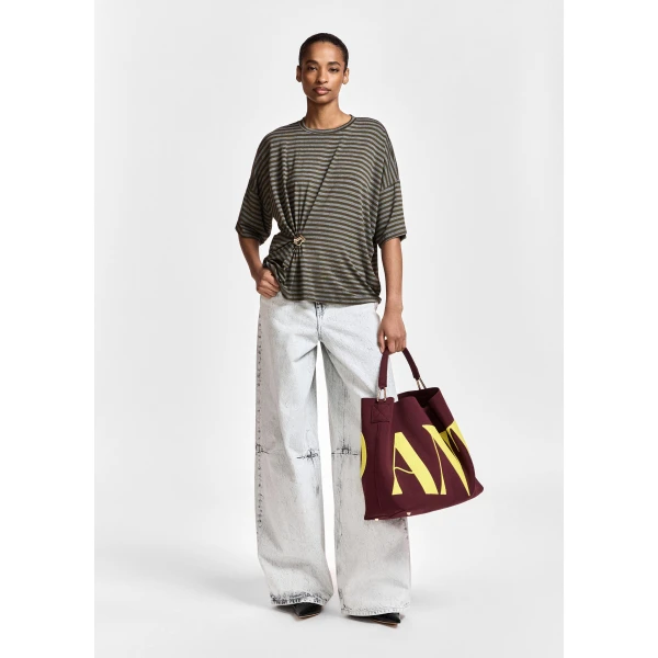 Essentiel Antwerp Grey and khaki striped T-shirt with gold statement brooch detail Top, view 6