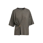 Essentiel Antwerp Grey and khaki striped T-shirt with gold statement brooch detail Top