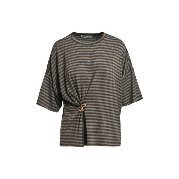Essentiel Antwerp Grey and khaki striped T-shirt with gold statement brooch detail Top