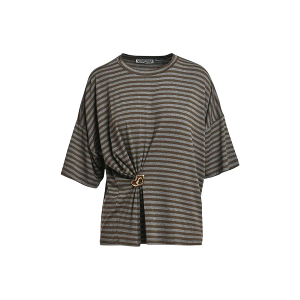 Essentiel Antwerp Grey and khaki striped T-shirt with gold statement brooch detail Top