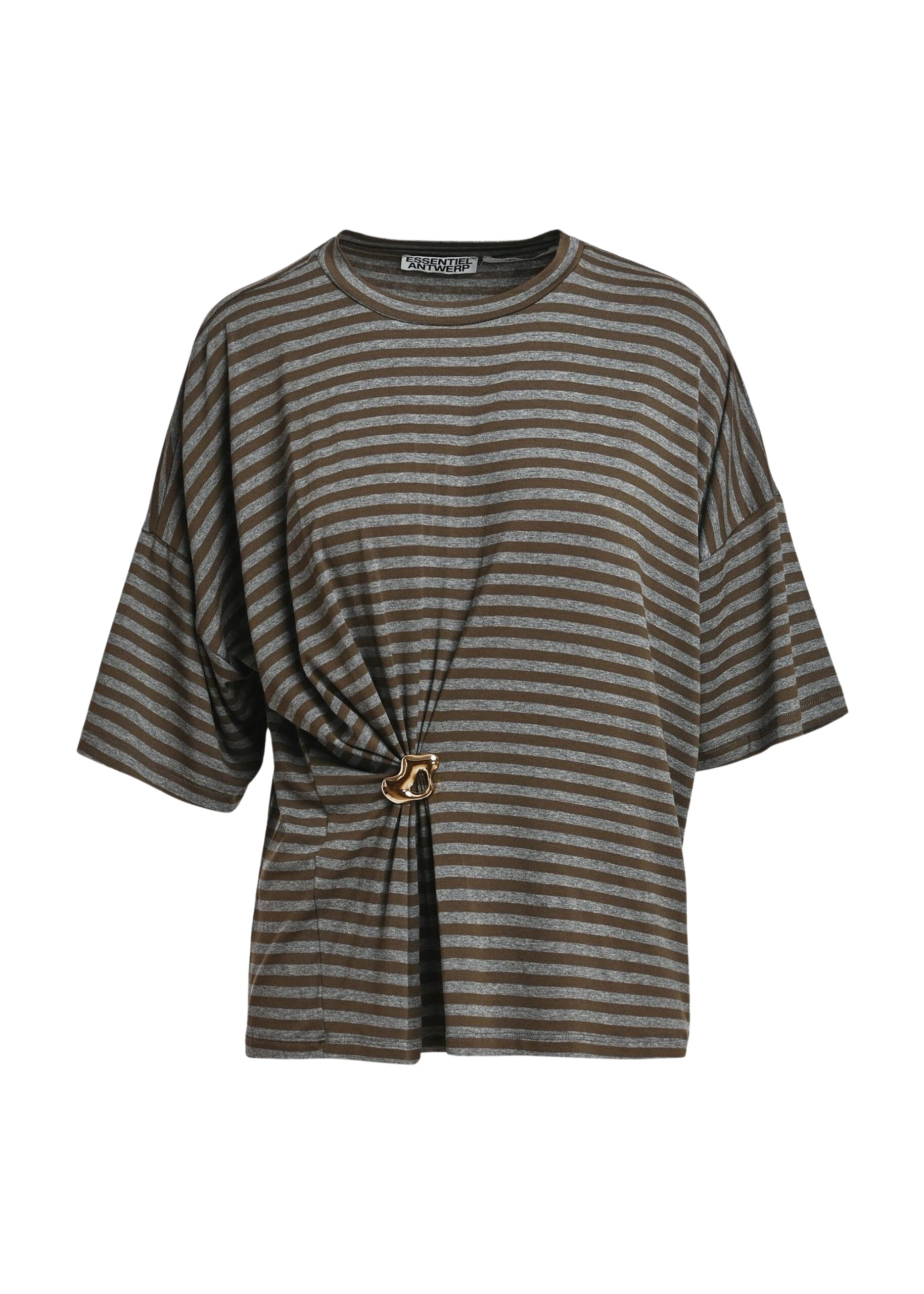 Essentiel-Antwerp-Grey-and-khaki-striped-T-shirt-with-gold-statement-brooch-detail-scaled93967_nobg Essentiel Antwerp Grey and khaki striped T-shirt with gold statement brooch detail Top
