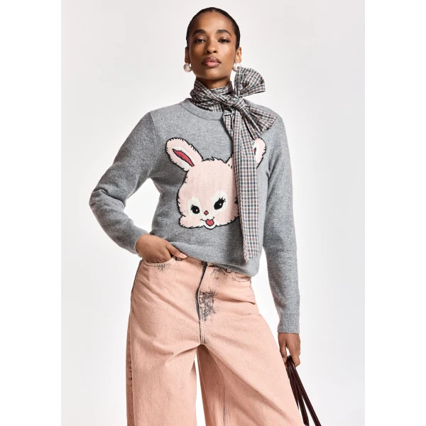 Essentiel Antwerp Grey and light pink rabbit-intarsia wool-blend sweater, view 2