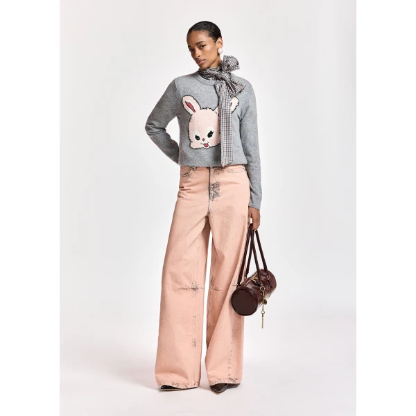 Essentiel Antwerp Grey and light pink rabbit-intarsia wool-blend sweater, view 4