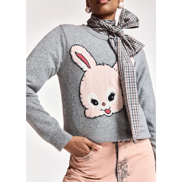 Essentiel Antwerp Grey and light pink rabbit-intarsia wool-blend sweater, view 5