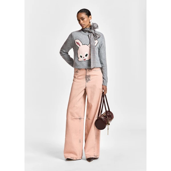 Essentiel Antwerp Grey and light pink rabbit-intarsia wool-blend sweater, view 6