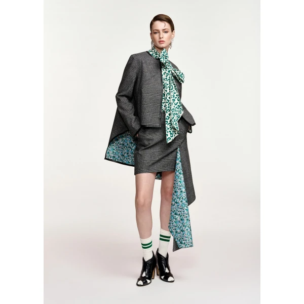 Essentiel Antwerp Grey, black and blue checked cape-like jacket with faux leather trims, view 2