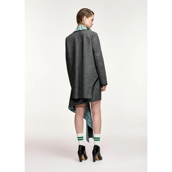 Essentiel Antwerp Grey, black and blue checked cape-like jacket with faux leather trims, view 4