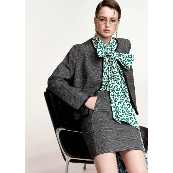 Essentiel Antwerp Grey, black and blue checked cape-like jacket with faux leather trims, view 5