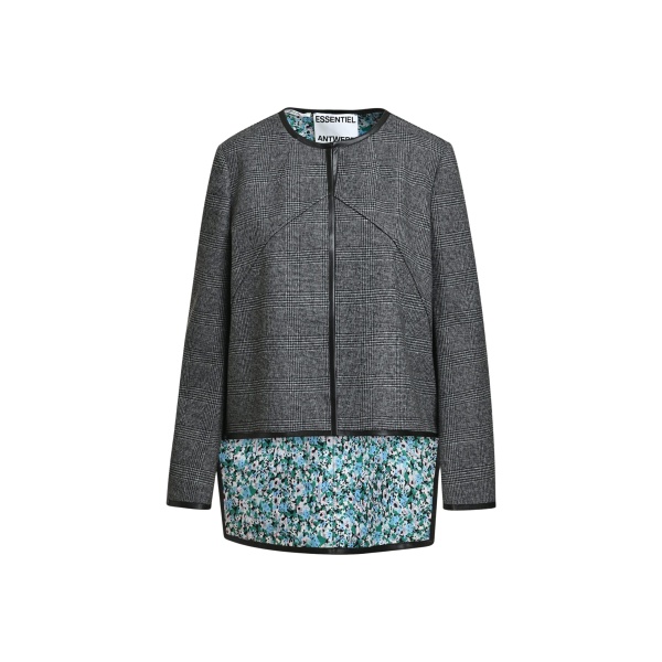 Essentiel Antwerp Grey, black and blue checked cape-like jacket with faux leather trims