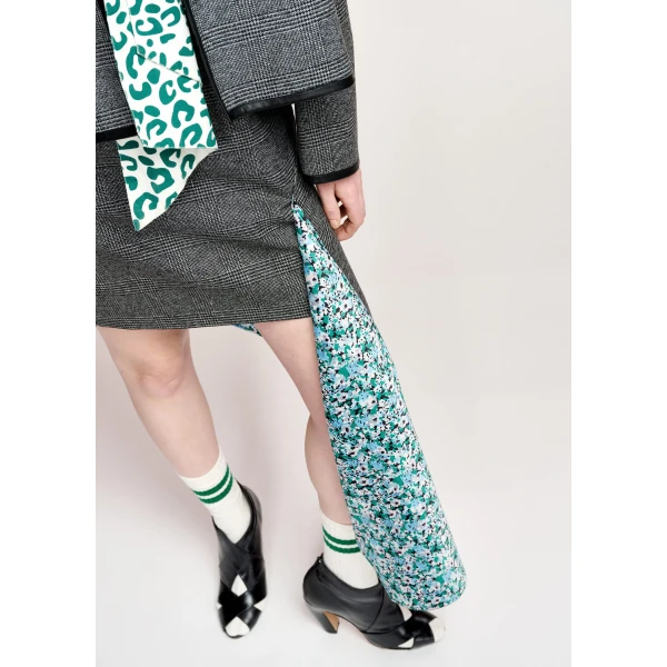 Essentiel Antwerp Grey draped checked mini skirt with blue and green floral underlay, view 3