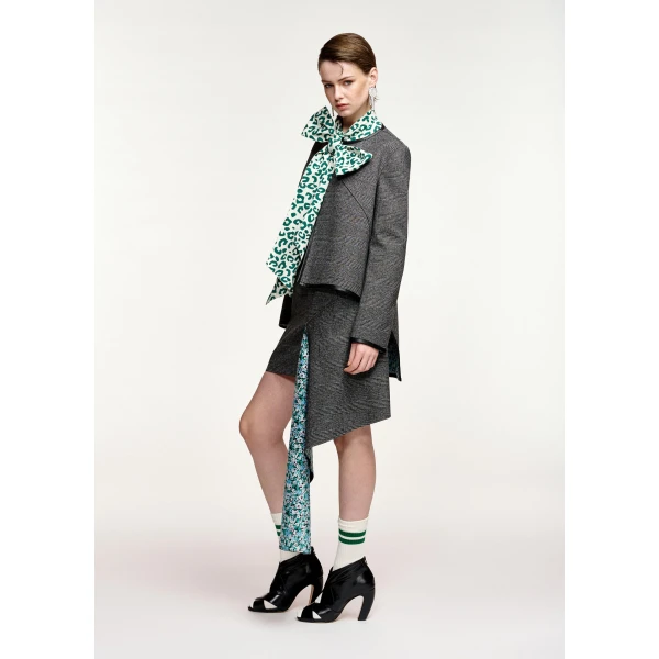 Essentiel Antwerp Grey draped checked mini skirt with blue and green floral underlay, view 4