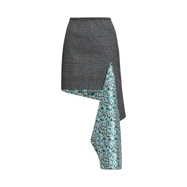 Essentiel Antwerp Grey draped checked mini skirt with blue and green floral underlay