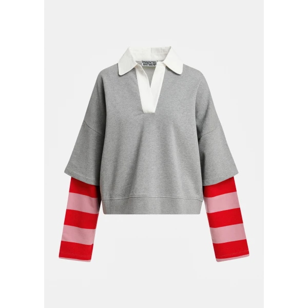 Essentiel Antwerp Grey layered cotton sweatshirt with red and pink striped sleeves Top, view 2