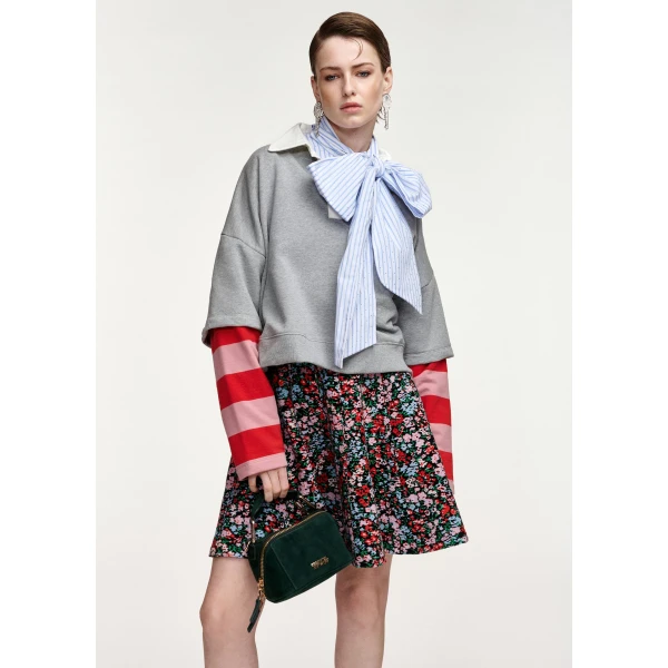 Essentiel Antwerp Grey layered cotton sweatshirt with red and pink striped sleeves Top, view 3