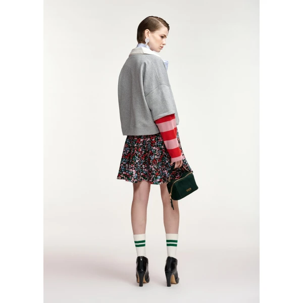 Essentiel Antwerp Grey layered cotton sweatshirt with red and pink striped sleeves Top, view 6