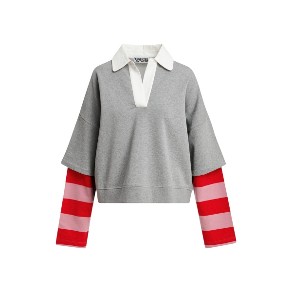 Essentiel Antwerp Grey layered cotton sweatshirt with red and pink striped sleeves Top