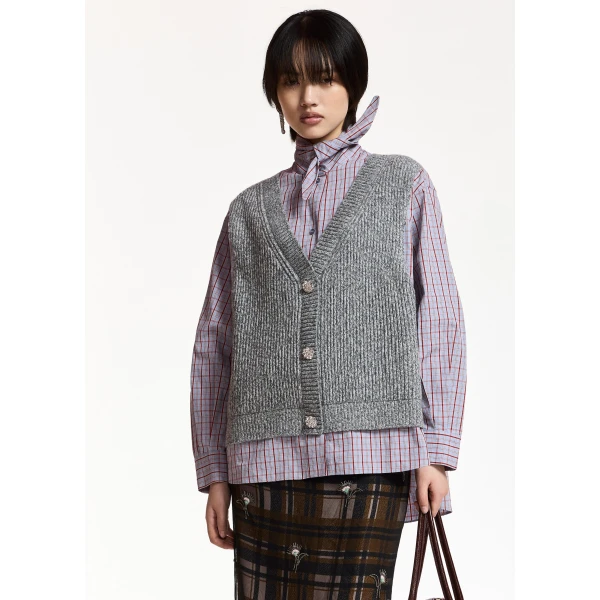 Essentiel Antwerp Grey, light blue and red layered knit vest shirt, view 2