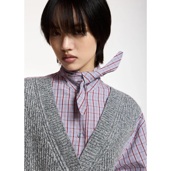 Essentiel Antwerp Grey, light blue and red layered knit vest shirt, view 3