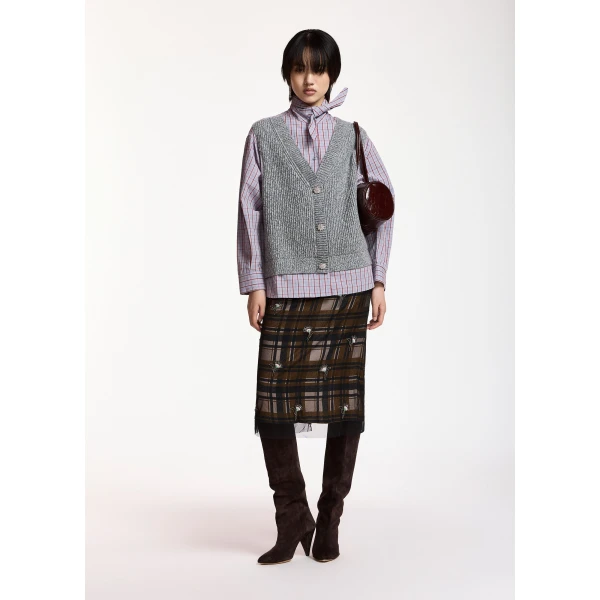 Essentiel Antwerp Grey, light blue and red layered knit vest shirt, view 6