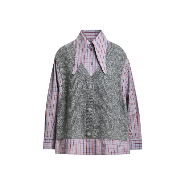 Essentiel Antwerp Grey, light blue and red layered knit vest shirt